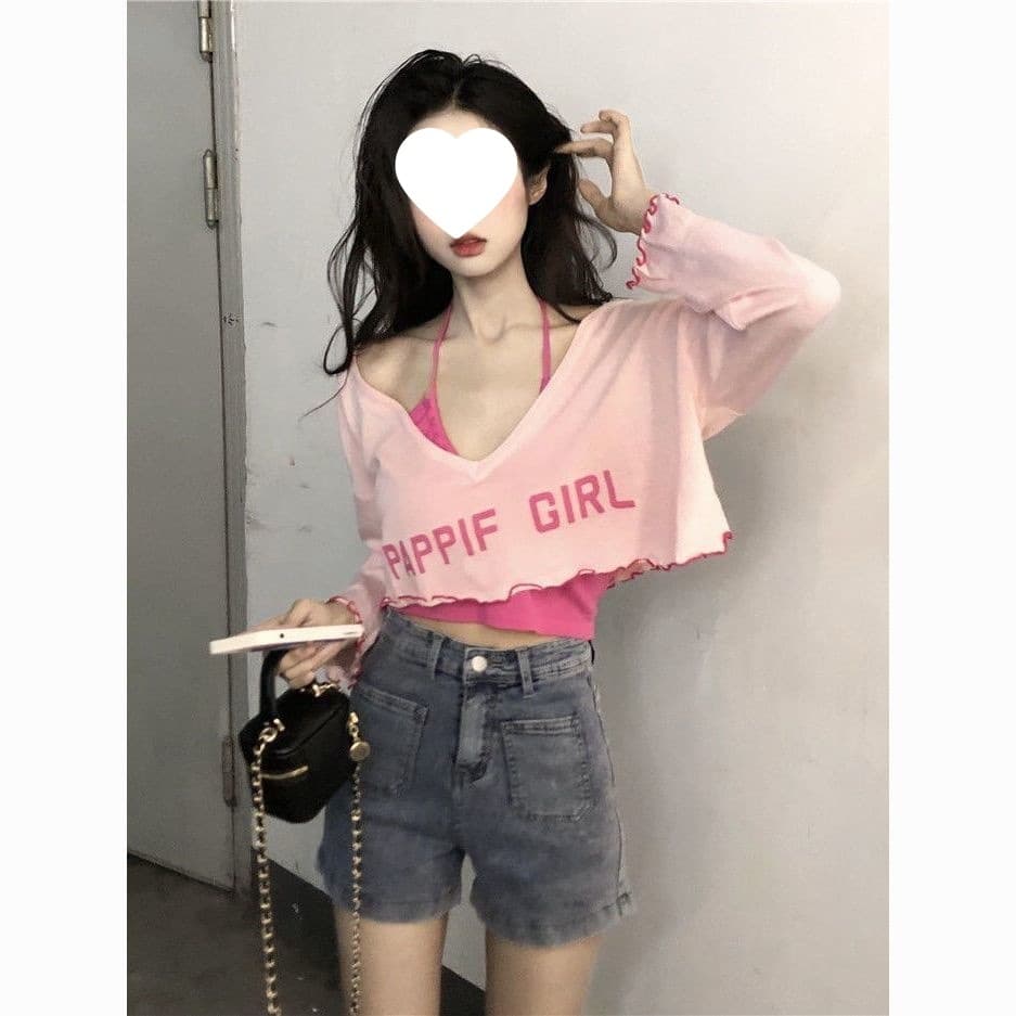 New Women's Two-Piece Set Summer Loose Backless Long-Sleeve Shirt Thin Style Trendy Crop Top Air Conditioning Cover-Up