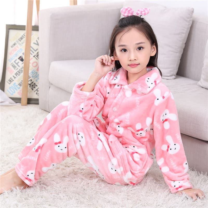 Children's Flannel Pajama Set, Winter Solid Color Thickened Coral Fleece Sleepwear for Boys and Girls