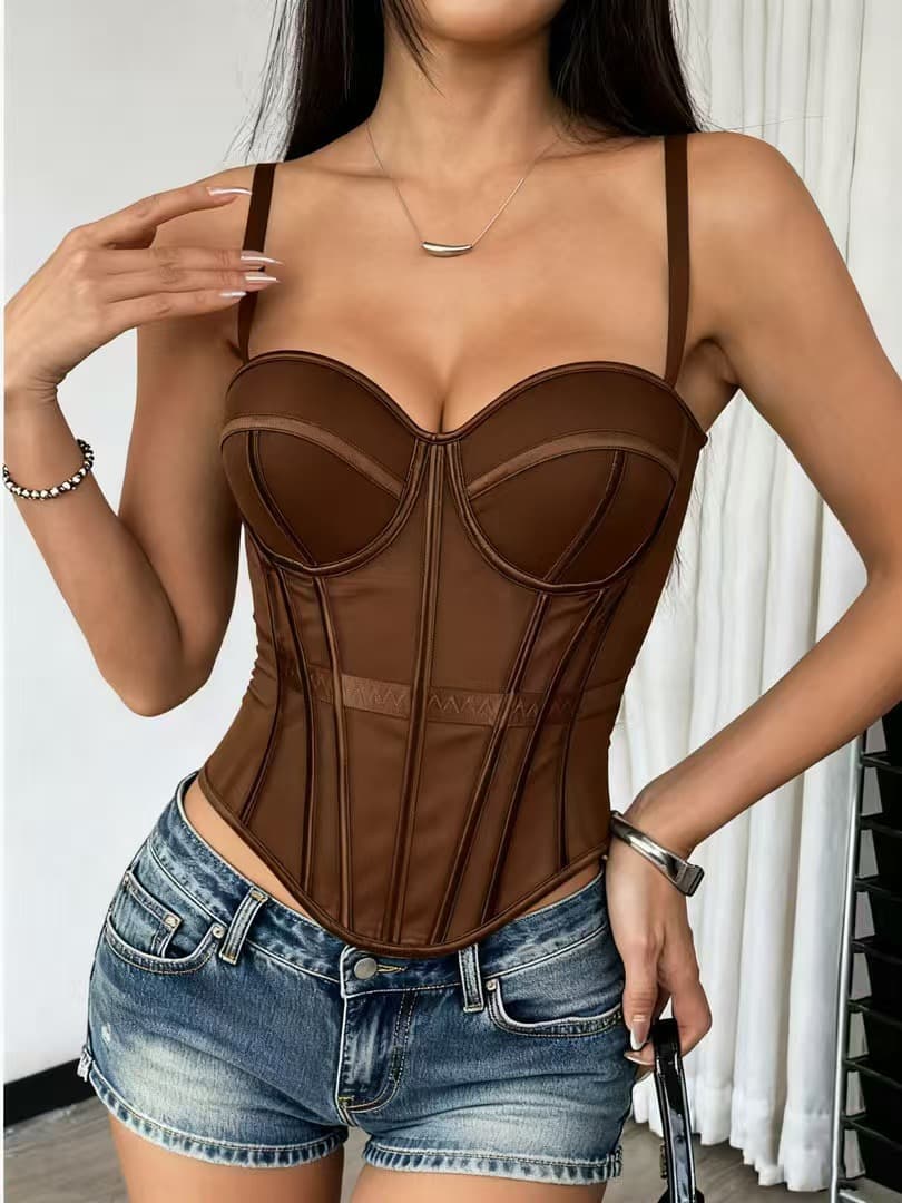 Cross-border Hot Item: European and American Solid Color Corset Top with Fishbone, Waist-Slimming Mesh Fishbone Top, Sexy Outerwear Camisole Vest