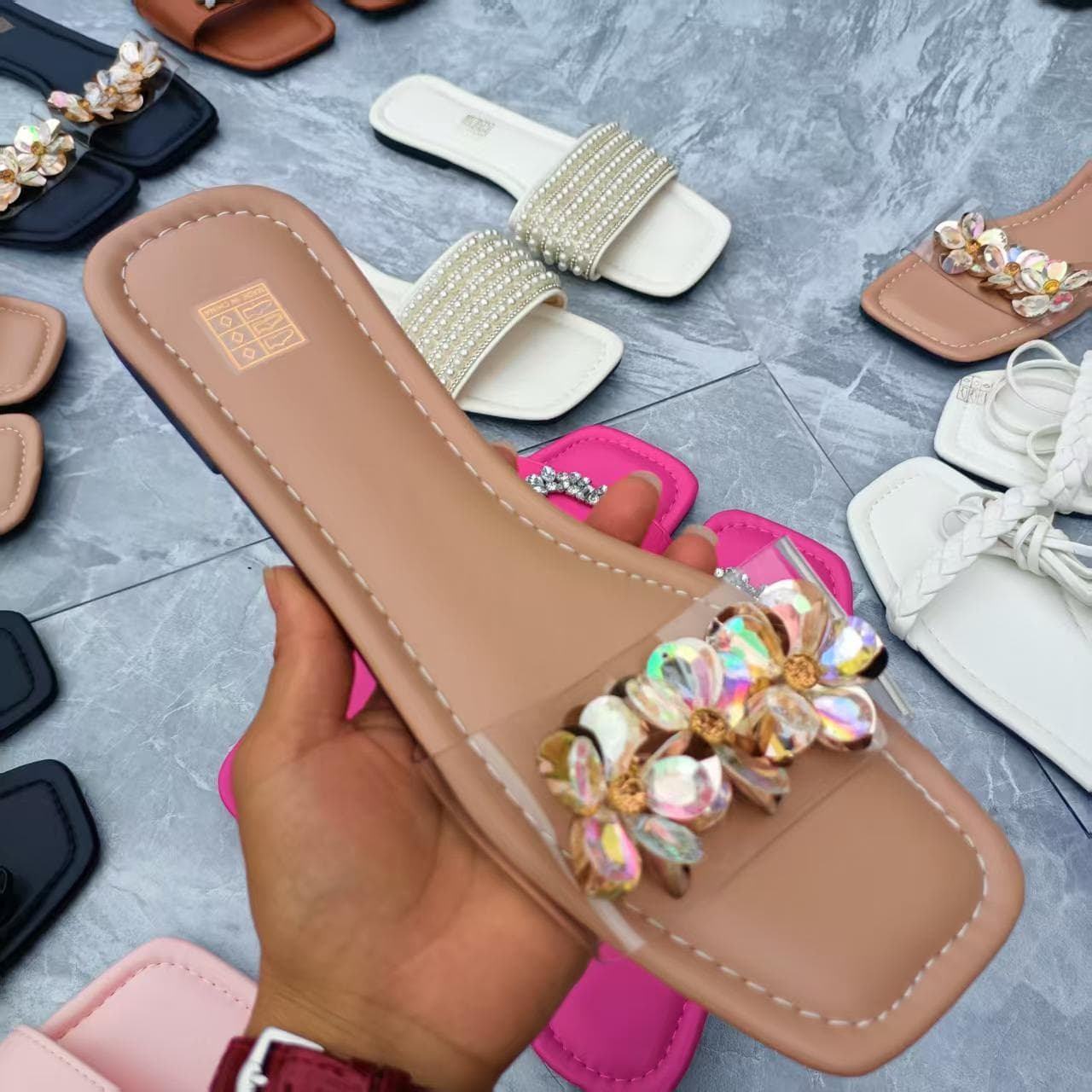 Women's export slippers, square toe, plus size, summer 2025 new style diamond sandals.