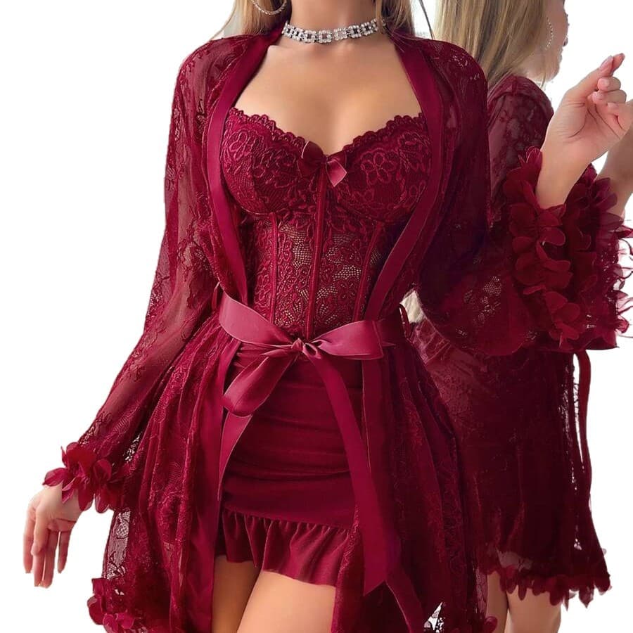 Yimenglan Cross-border Trade New Lingerie Robe Lace Sheer Sexy Slip Nightgown Women Outerwear Set