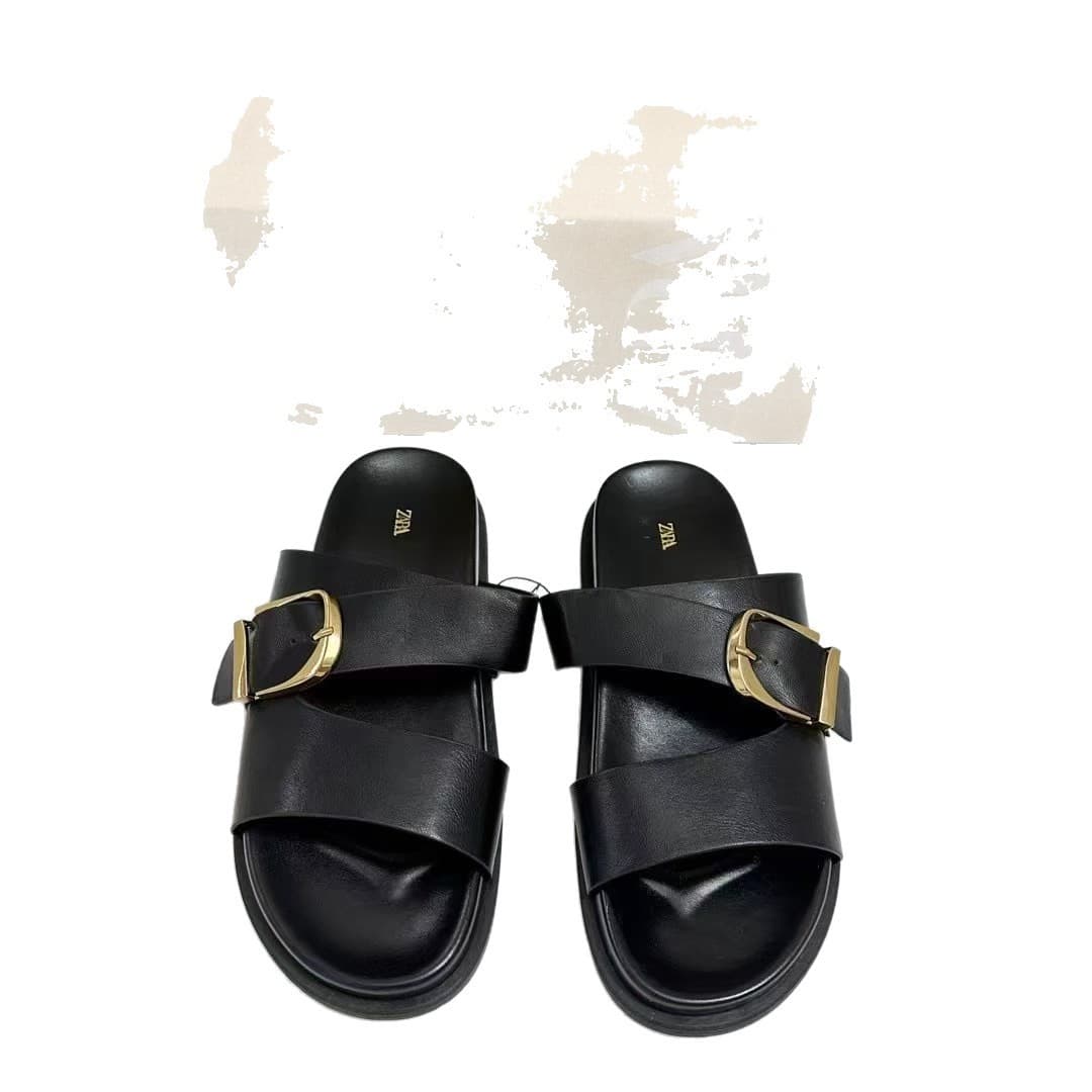 Lady Sandals Summer Za New Cross-Border Style Metal Buckle Sandals for Outdoor Wear, Fashionable Flat Platform Slippers