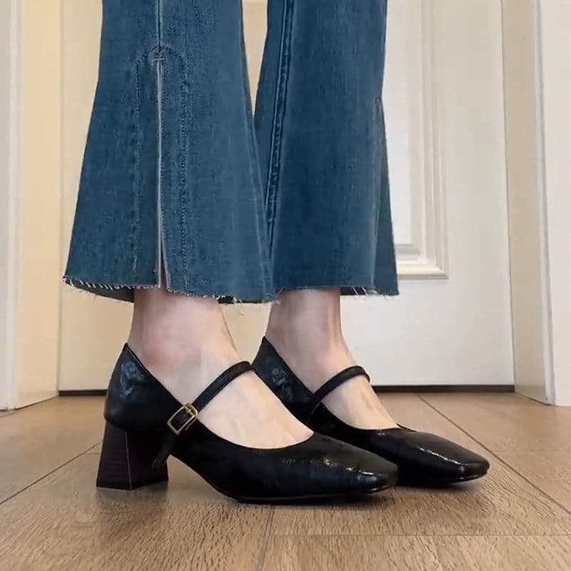 New Spring 2020 Retro Mary Jane Shoes Chunky Heel Flats Women's Black JK Leather Shoes High Heels