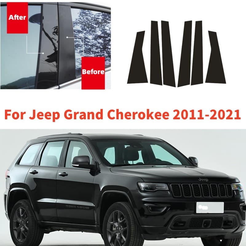 Glossy Black Mirror Finish Window Trim and Center Pillar Decals for Jeep Grand Cherokee, Cherokee, Compass, Commander