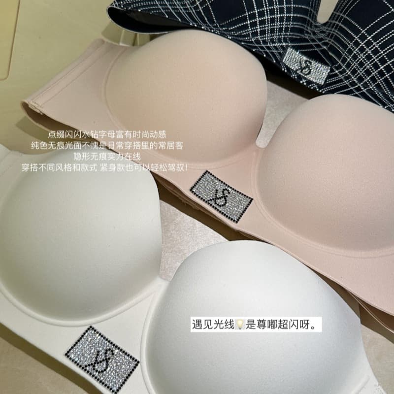 Thickened 5cm Bra for Women, Small Bust Push-Up Enhances Size, Plaid Sexy Rhinestone Bra, Wire-Free Anti-Sagging Bra