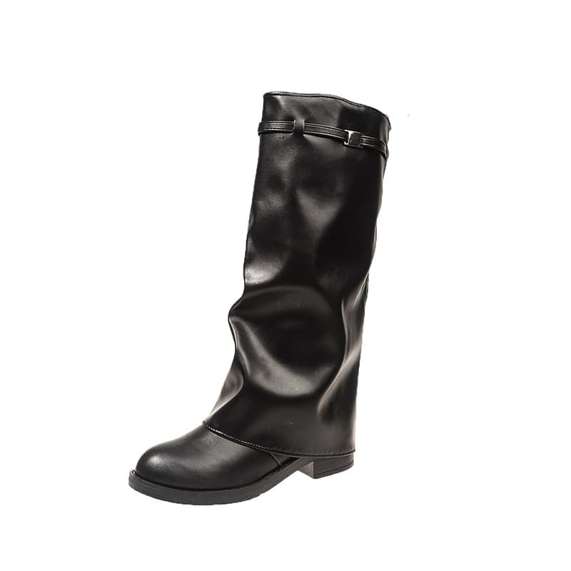 Round Toe Wide Calf Slimming Chunky Heel Knee High Boots Women