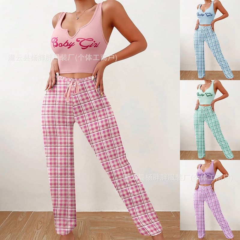 European and American Hot Selling Sexy Letter Print Camisole Plaid Stripe Pants Casual Sport Loungewear Set Wholesale