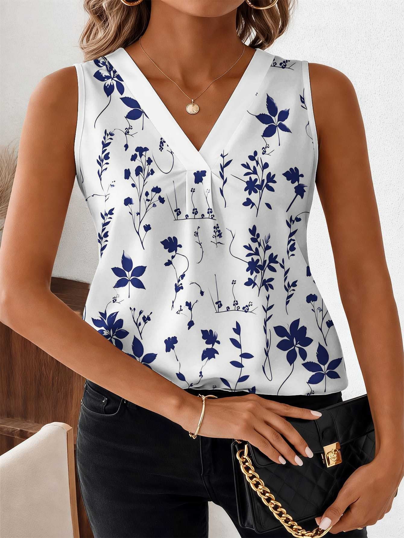 Floral Print Women's 2026 Summer New Style V-Neck Sleeveless T-Shirt, Stylish and Fashionable