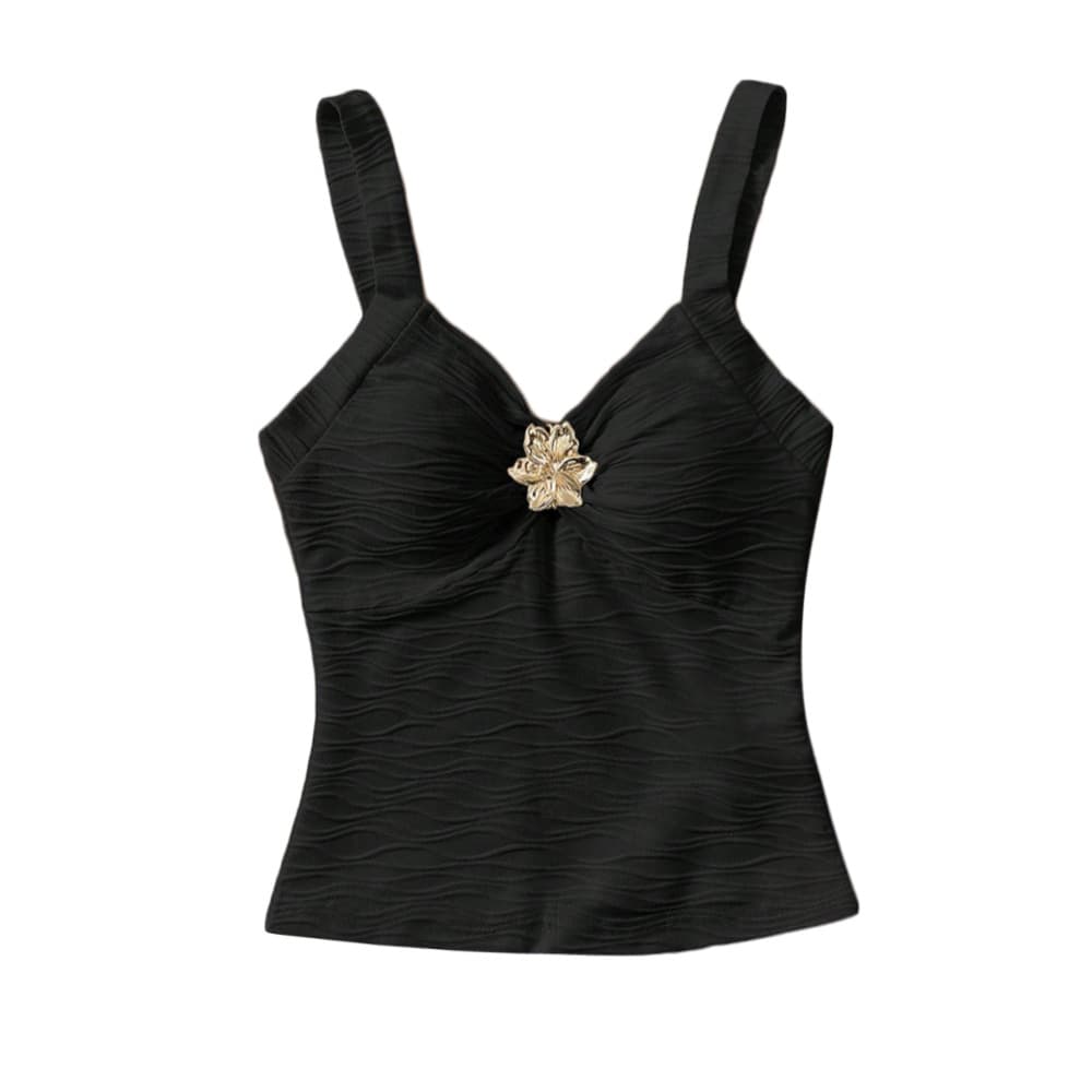 European and American cross-border niche black slim-fit camisole with retro metallic flower embellishments V-neck sleeveless top