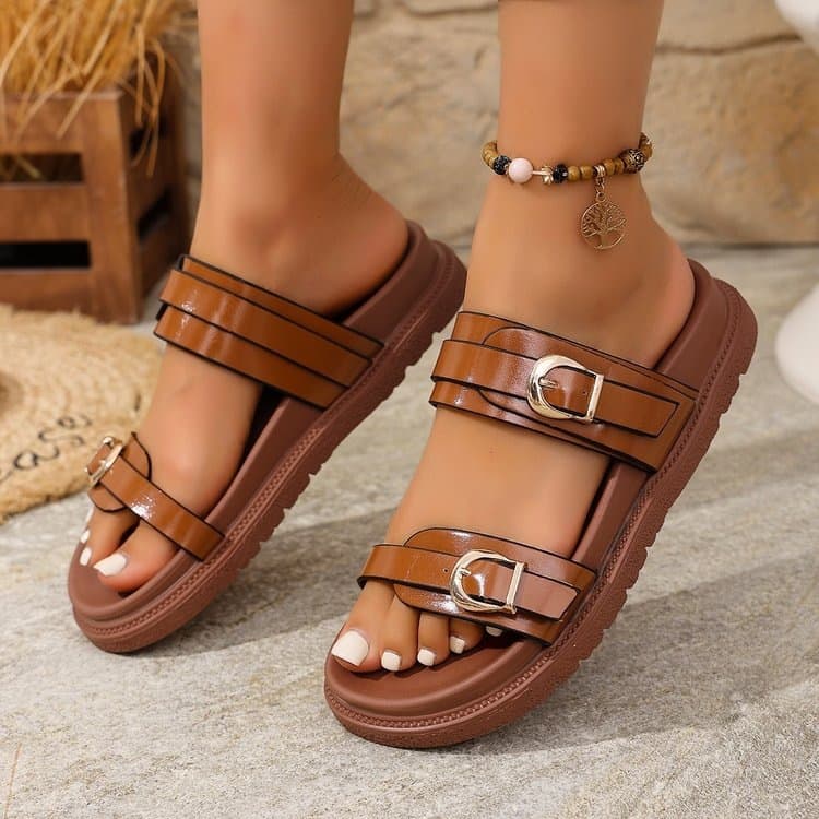 New Cross-Border European, American, and Southeast Asian Large-Size Temu Drop-Shipping Thick-Soled Strap Sandals with Metal Buckle Wholesale