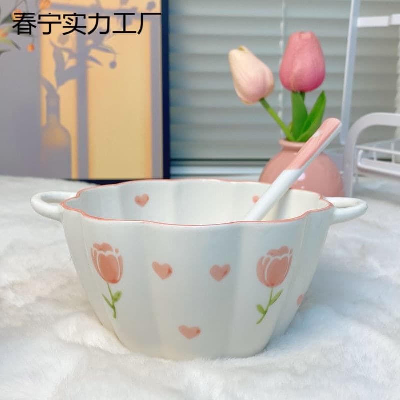Cute ceramic instant noodle bowl with double handles, suitable for home and personal use, heat-resistant, strawberry petal bowl, fruit salad bowl, soup noodle bowl.