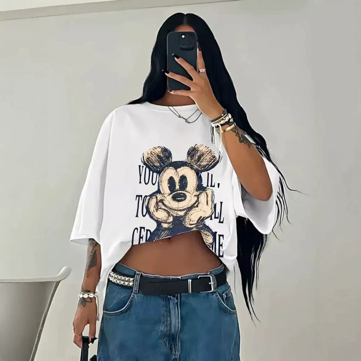 100% Cotton Short-Sleeve T-Shirt, Stylish and Elegant Cartoon Mickey Mouse Print, Vintage Distressed Wash, Unique Top