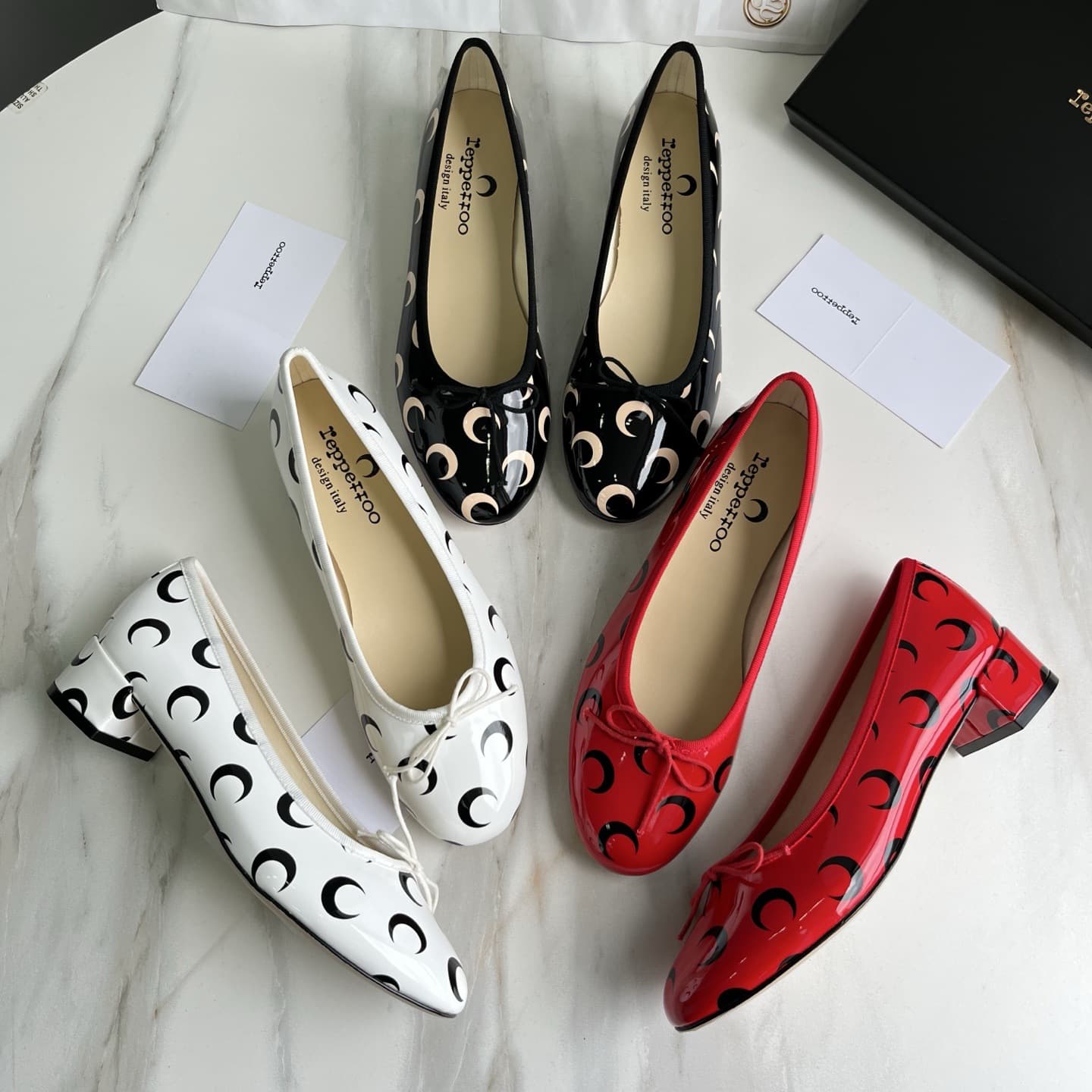 Crescent Print Bow Flats Reep*E Joint Model Shallow Mouth Low Heel Ballet Shoes Genuine Leather Thick Heel Moon Women's Shoes