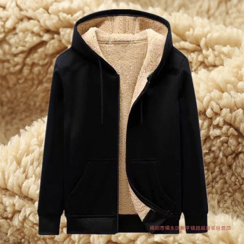 Winter Fleece-Lined Oversized Zip-Up Hoodie Sweatshirt with Sherpa Fleece, Black Men's Coat