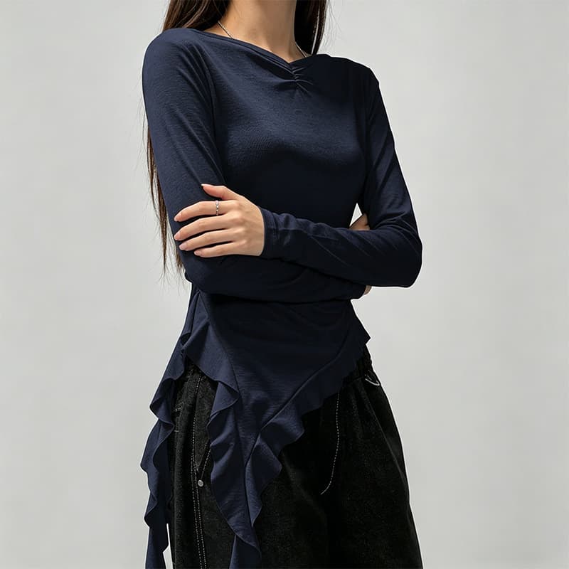 Korean Chic Design Long Sleeve T-Shirt Women 26 Spring Summer Waist Slim Irregular Ruffle Hem Top