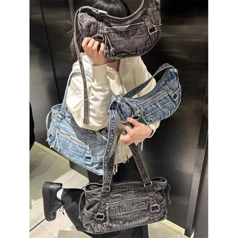 Korean MK New Style Crossbody Denim Bag Korean Horn Bag Vintage Washed Distressed Handbag Ins Style Tote Bag