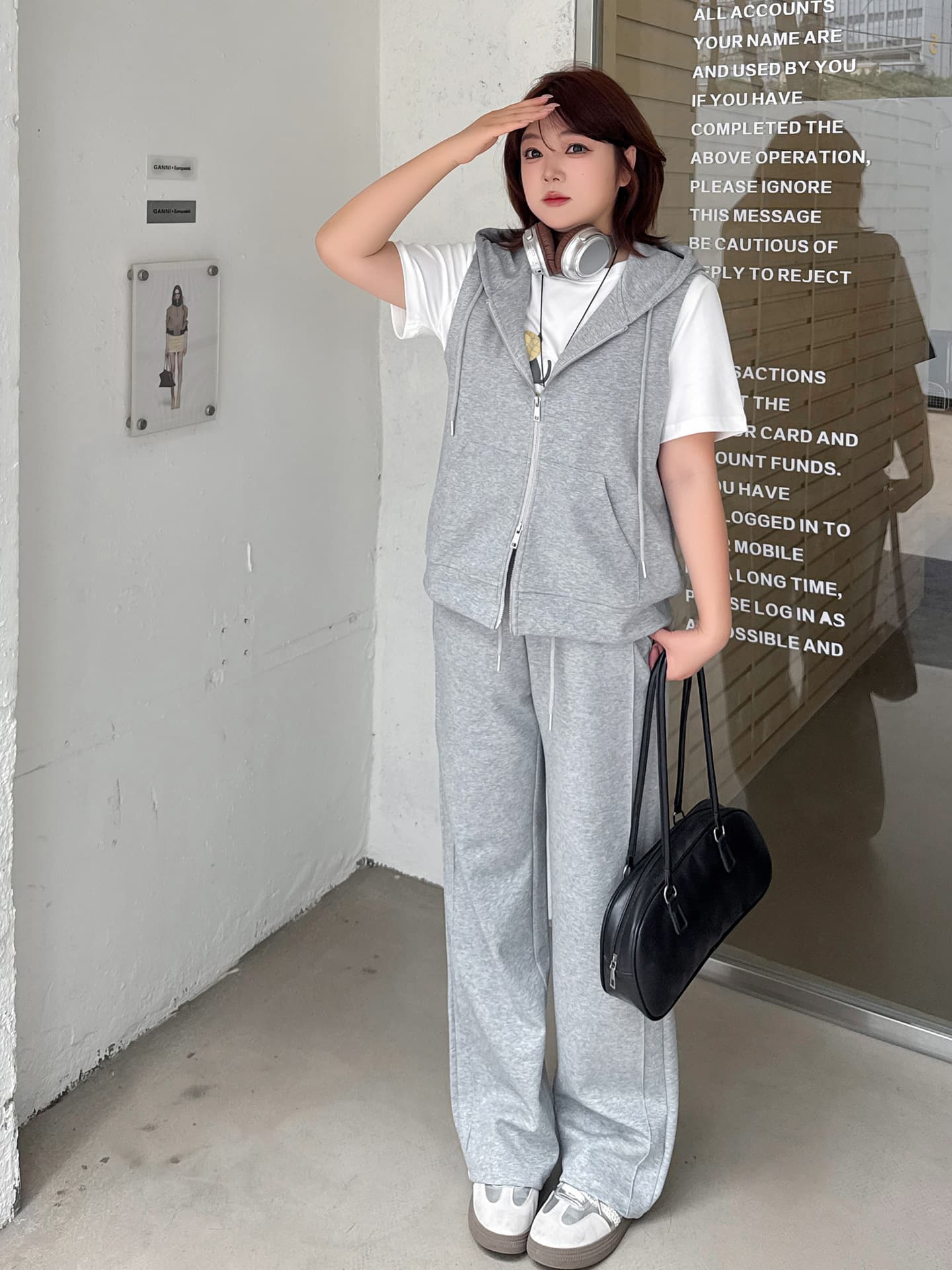Ino Plus Size Women's Loose Casual Hooded Vest Set, Spring 2026, Slimming Wide-Leg Pants, Complete Set 133967