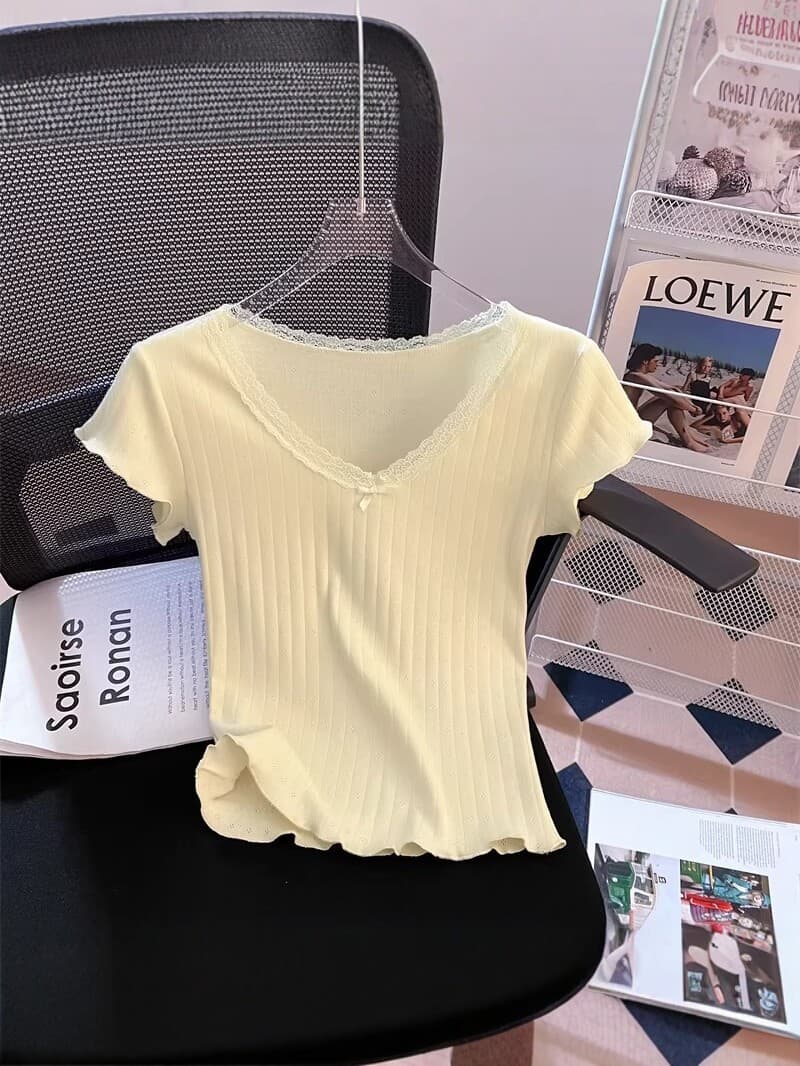 Pure Desire Hot Girl Lace Trim Patch Short Sleeve T-Shirt for Women Summer 2026 New Slim Fit Crop Top