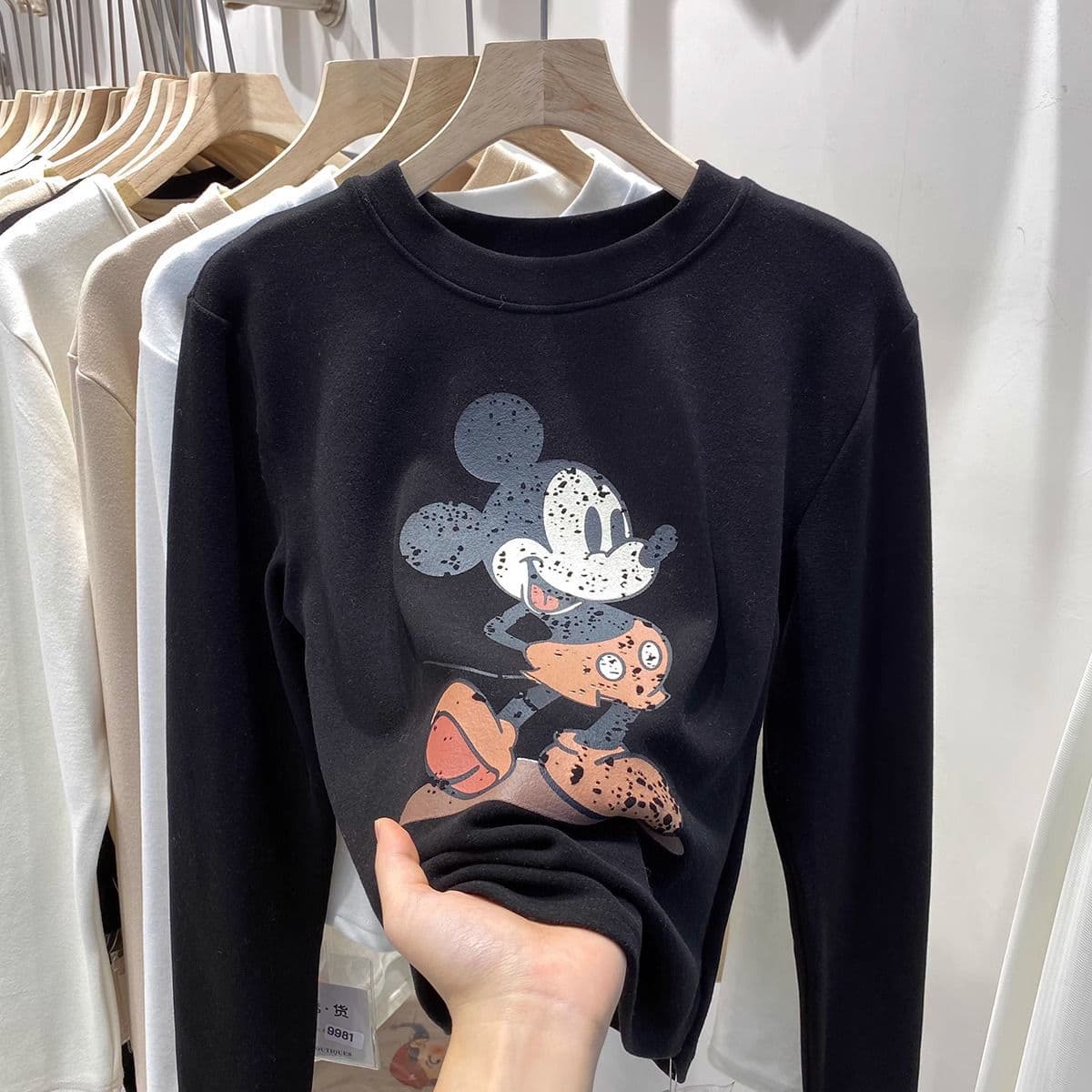 2026 Winter Cartoon Mickey Mouse Pattern Double-Sided German Fleece T-Shirt Women's Short Casual Round Neck Inner Layer Base Shirt