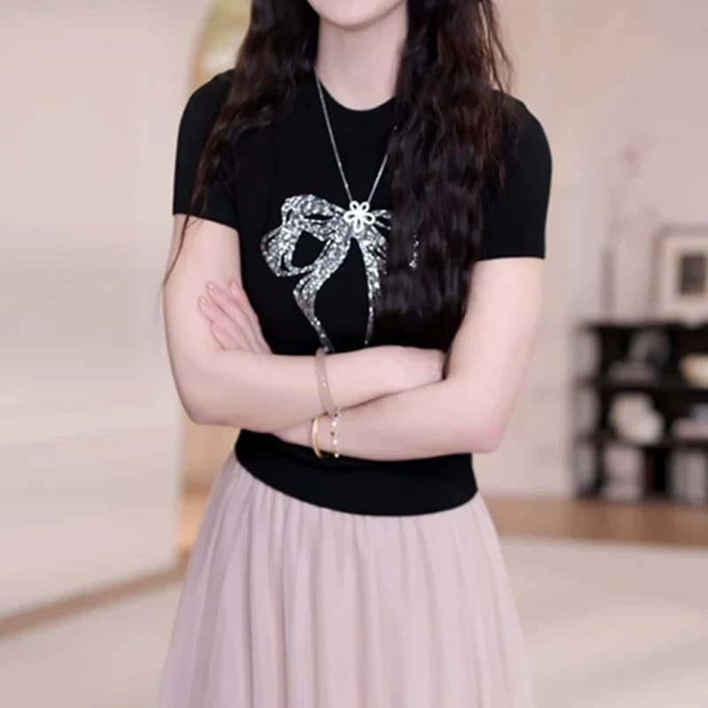 2026 Summer New Sequin Bow Base Layer Top for Women, Slimming Black Short-Sleeve T-Shirt, Versatile Casual Top, Trendy