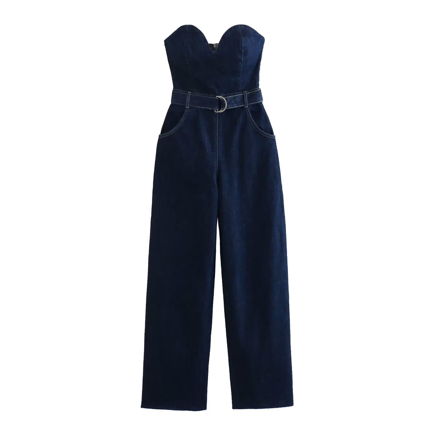 Cross-border Trade 2025 Summer New Women's European and American Style Strapless Denim Jumpsuit with Belt