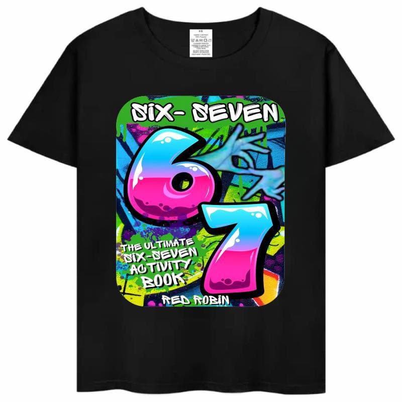 Six Seven 67 Black Kidsren's T-Shirt for Primary and Secondary School Students Round Neck Short-Sleeved Tops