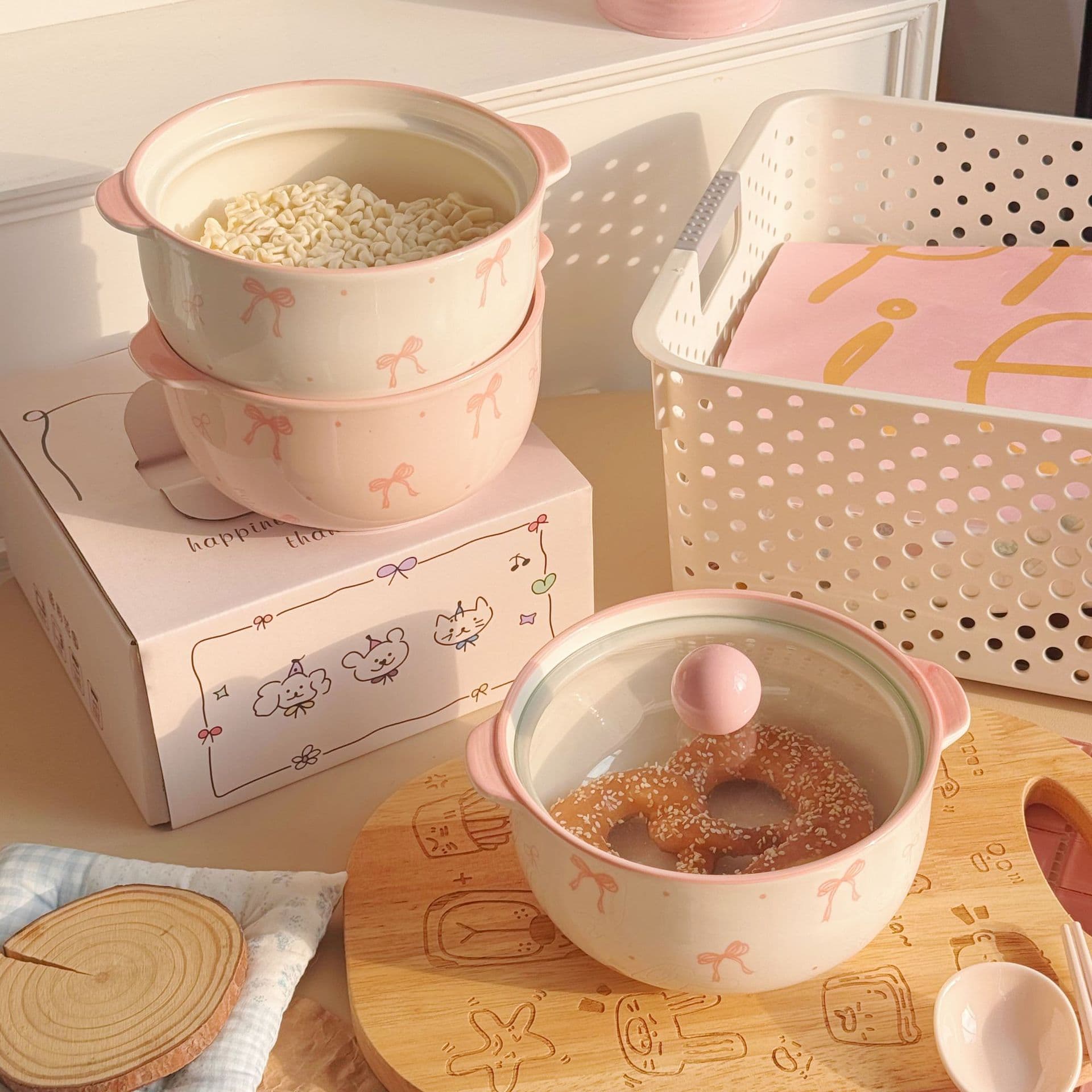Bowknot Underglaze Ramen Bowl Ceramic with Lid High Appearance Thickened Home Student Dormitory Soup Bowl Luosifen Bowl