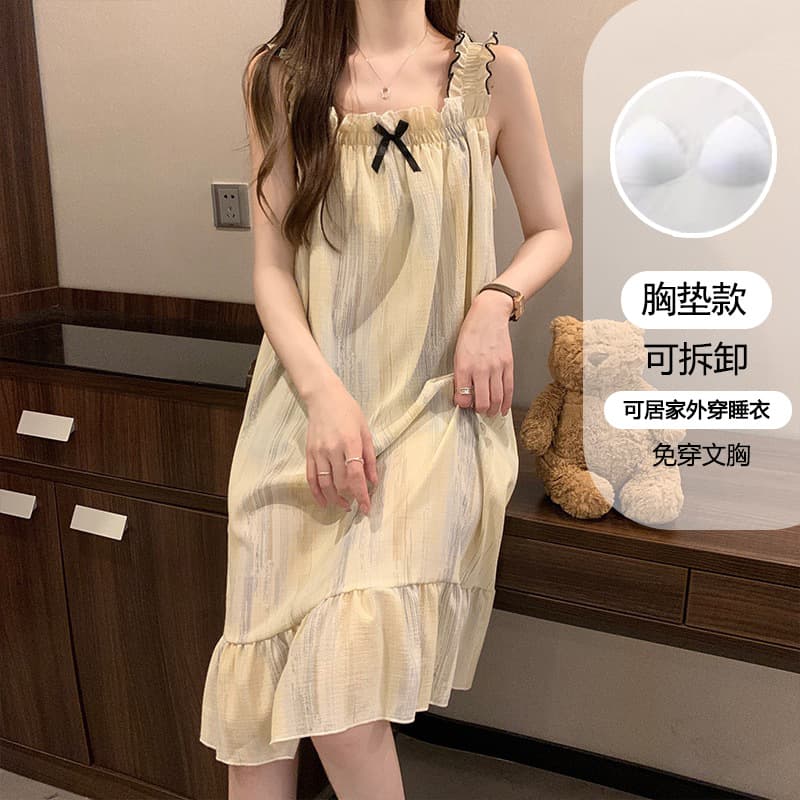 Nightdress Women's Summer Sling New Princess Style Light Luxury Pure Sweet Lacing with Chest Pad Simple Home Clothes 106