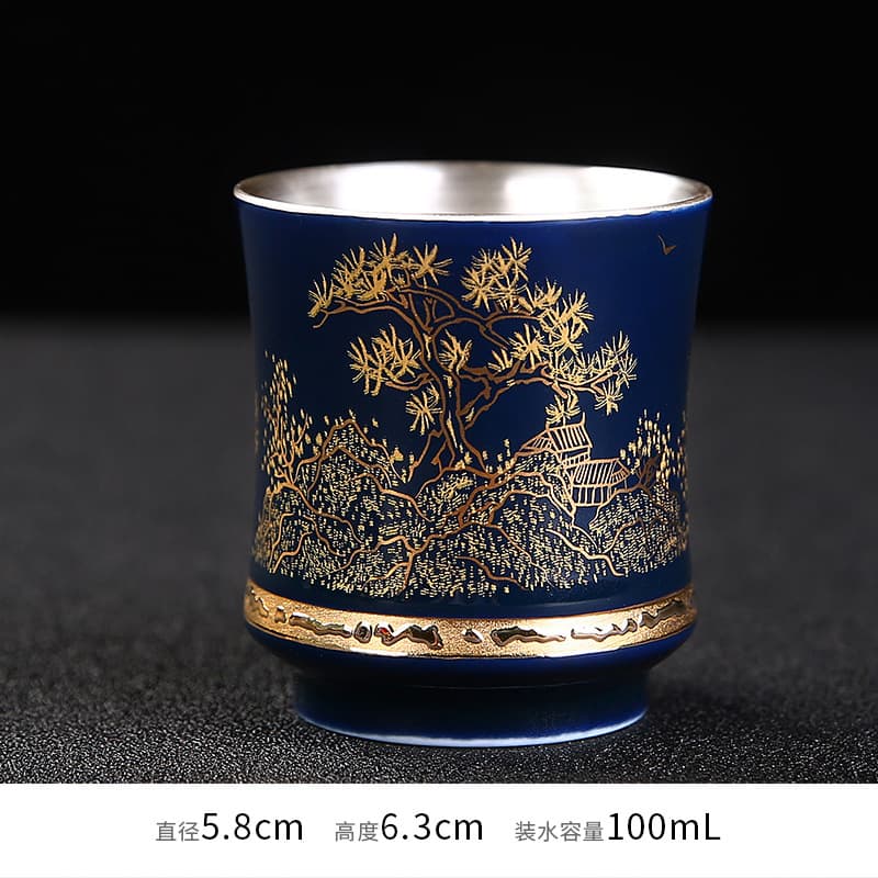 Silver-plated teacup, master cup, single cup, men's personal use, 999 sterling silver, high-end Jingdezhen ceramic, single cup.
