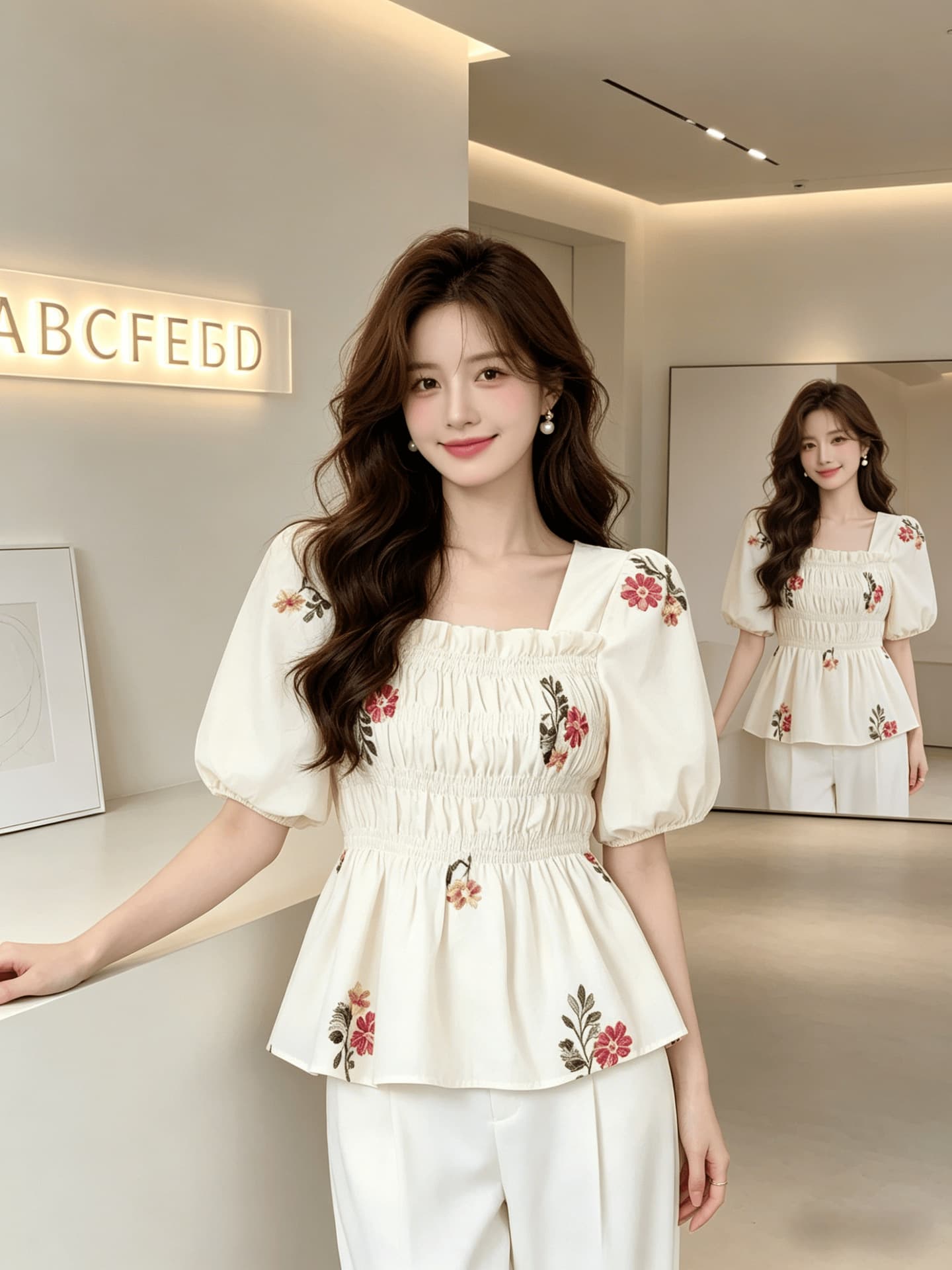 Plus-size women's summer new style slimming floral square neck short sleeve skirt top puff sleeve chiffon blouse waist-cinching 2026