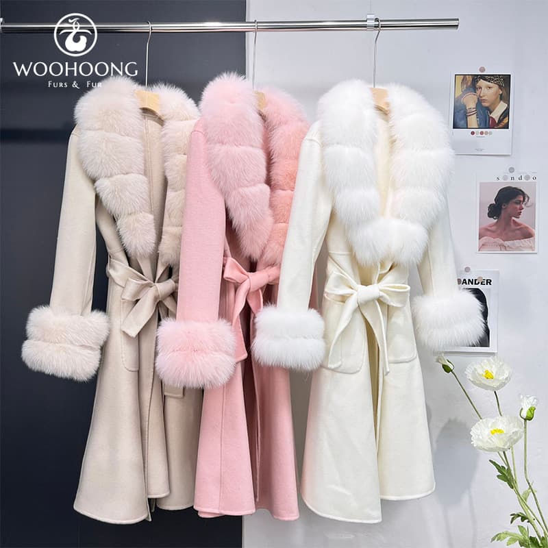 Wuhuang New Faux Fur Coat, Real Fox Fur Collar, Wool Double-Faced Coat, Long Bathrobe Style, Export