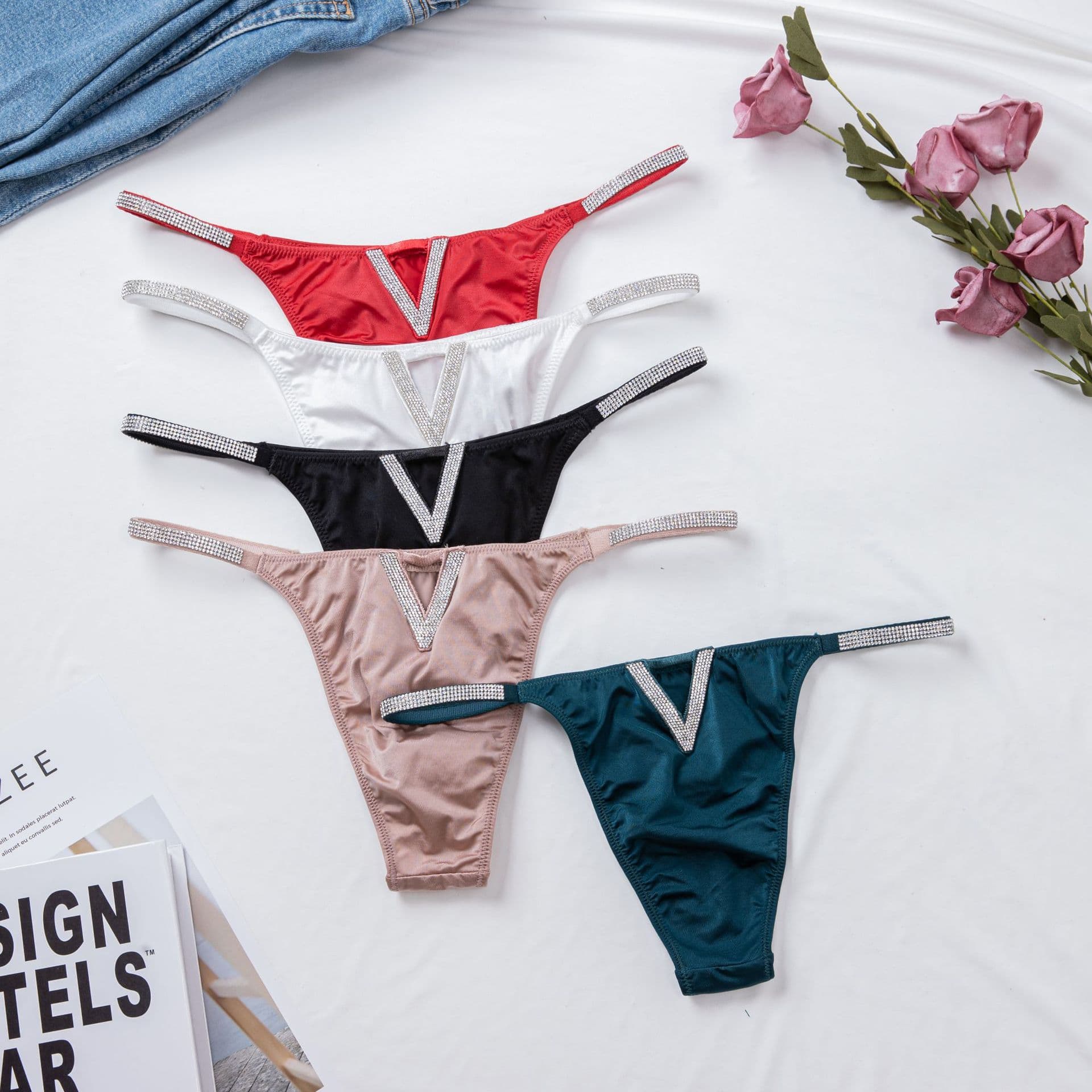 Rhinestone Thin Strap Ice Silk Briefs Low Waist English Letter Back V Cut Out Sexy and Comfortable Half Hip Briefs