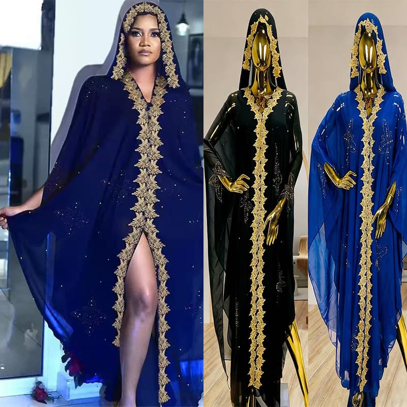 2026 New Sequin Rhinestone Spring Crystal African Dress Water Drop Bell Sleeve Women's Loose Cape