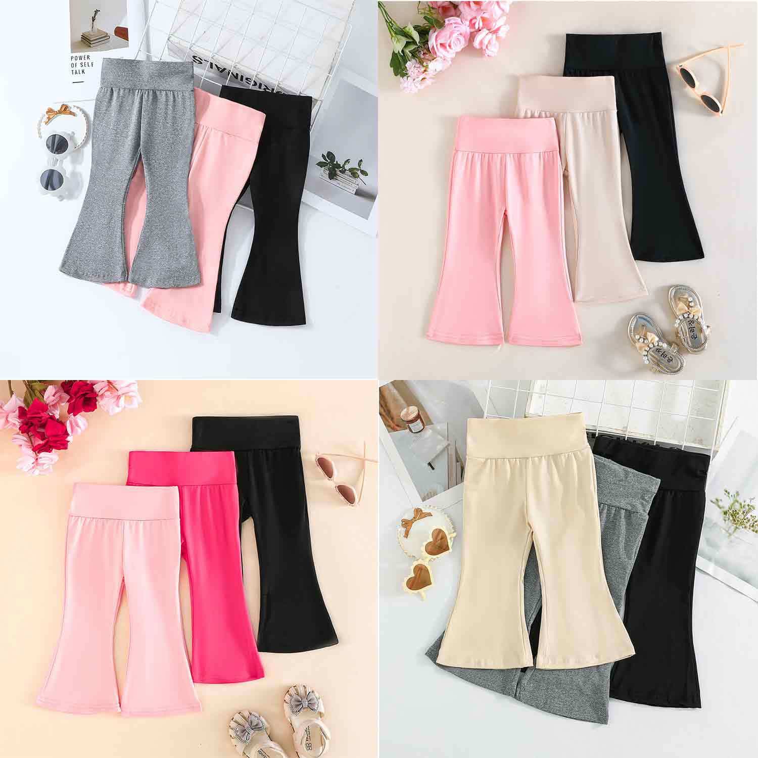 Cross-border Exclusive - 3-Pack of Solid Color Half-High Waist Flared Pants for Baby Girls - Stylish Flared Pants for Infants and Toddlers