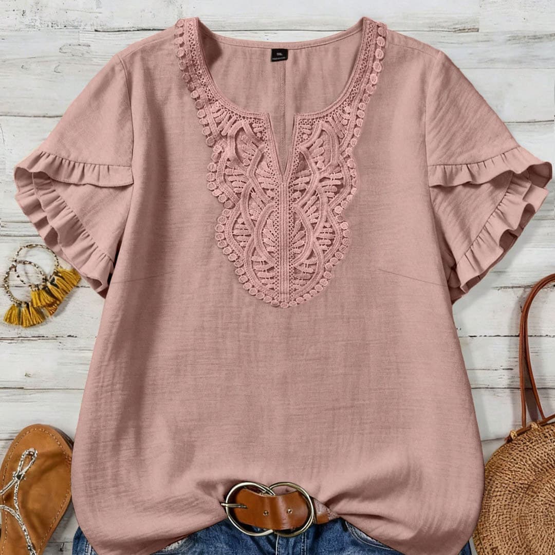 2026 Plus Size Cross-Border European and American Women's Loose Top Heavy-Duty Water-Soluble Lace V-Neck Breathable Ruffled Short Sleeve T-Shirt