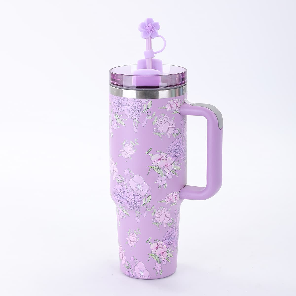 40oz Floral Handle Car Cup Large Capacity Stainless Steel Vacuum Insulated Cup Outdoor Portable Straw Cup Sealed