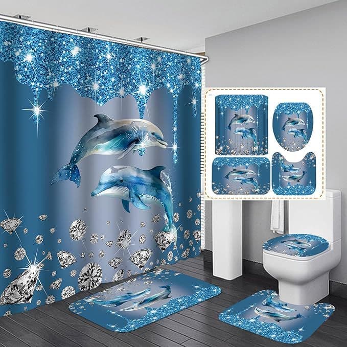 New Foreign Trade Product: Underwater World Romantic Dolphin Print Shower Curtain Four-Piece Set, Toilet Seat Cover, Bathroom Polyester Waterproof Shower Curtain