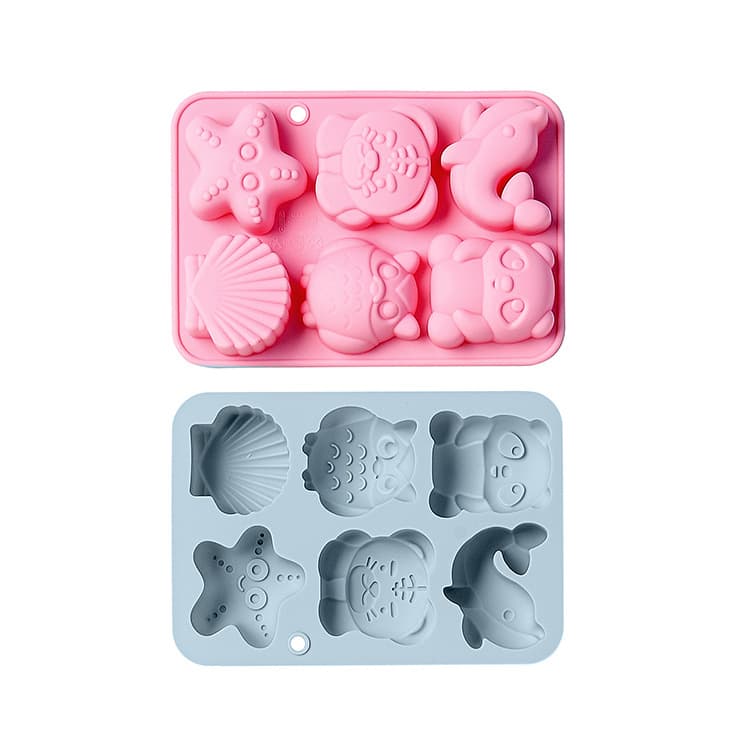 In Stock: 6-Piece Silicone Mold with Cartoon Shapes of Owls, Dolphins, Shells, Etc., for Ice Cubes and Chocolate Cake Molds