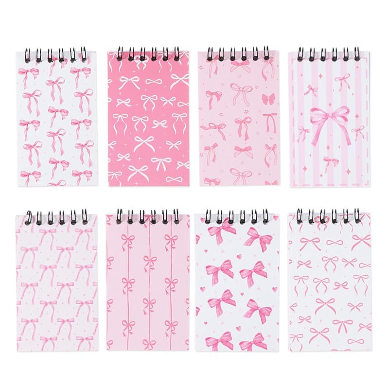 New Pink and White Bowknot Coil Notebook, Girly Pocket Diary, Tearable Loose-Leaf Portable Paper Notebook for Students