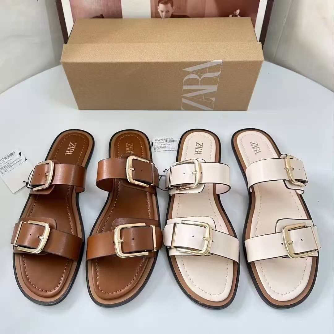 Za2025 New Summer Metal Buckle Open-Toe Roman Retro Flat Versatile Casual Vacation Sandals