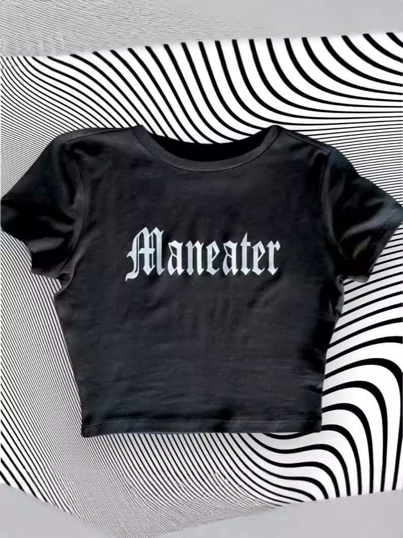 Cross-Border Spicy Girl Style Maneater Printed Short Top European and American Retro Slim-Fit Short-Sleeve T-Shirt Fashion Trendy Top