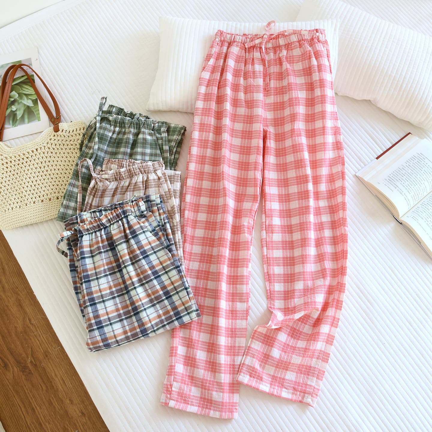 Washed Cotton Pajama Pants for Women, Spring and Autumn Lightweight, Japanese Plaid Long Pants with Side Pockets, Loose Fit Plus Size Home Pants, Suitable for Outdoor Wear