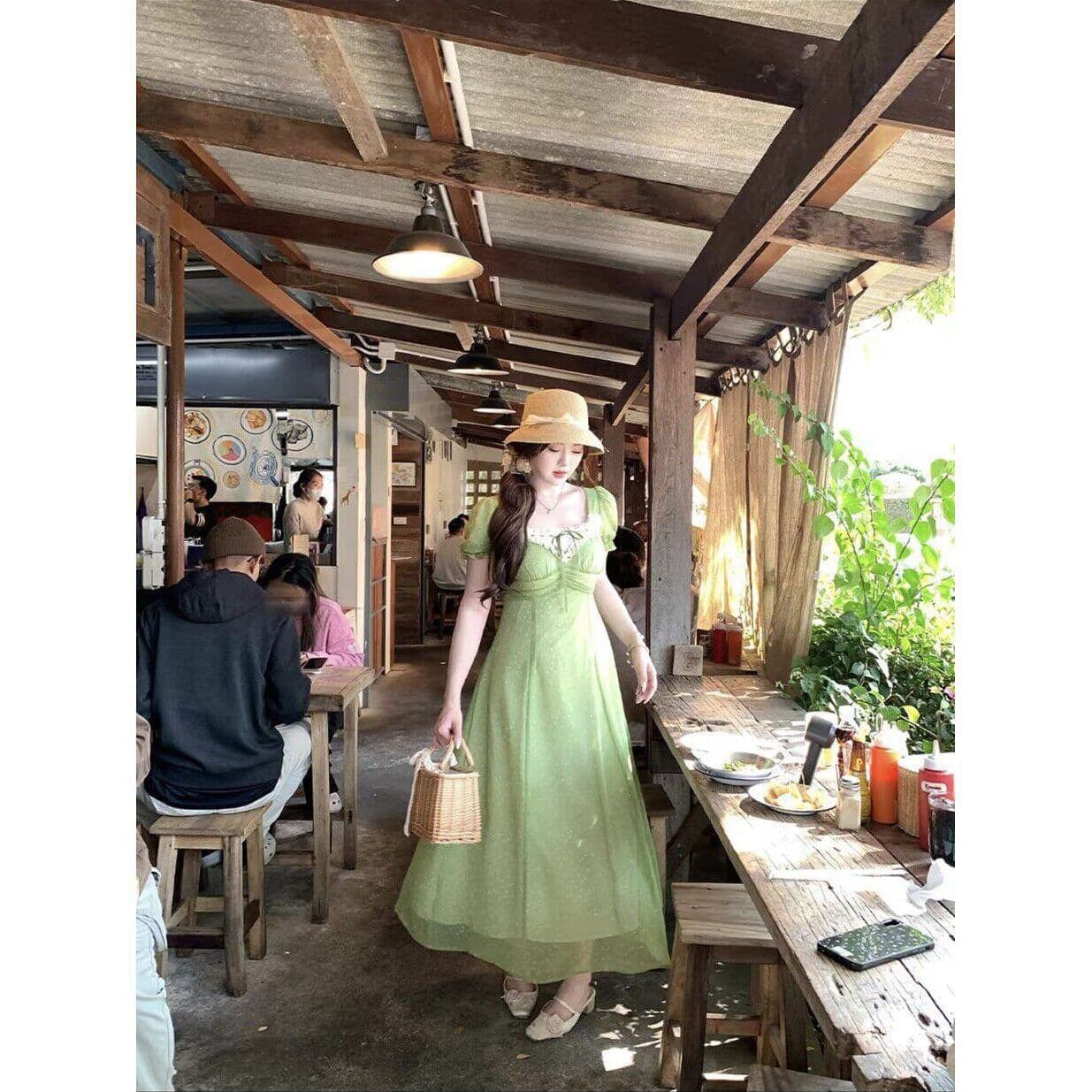 65013 Plus Size Women Lace Collar Chiffon Short Sleeve Dress Summer Korean Slim Fit Maxi Dress