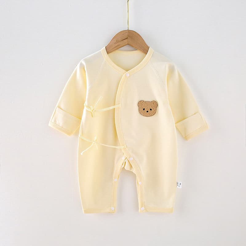 Baby Pure Cotton Tie-Front Long-Sleeve Kimono Bodysuit, Newborn Belly Protection Class A Base Layer Sleepwear & Crawling Suit for Spring