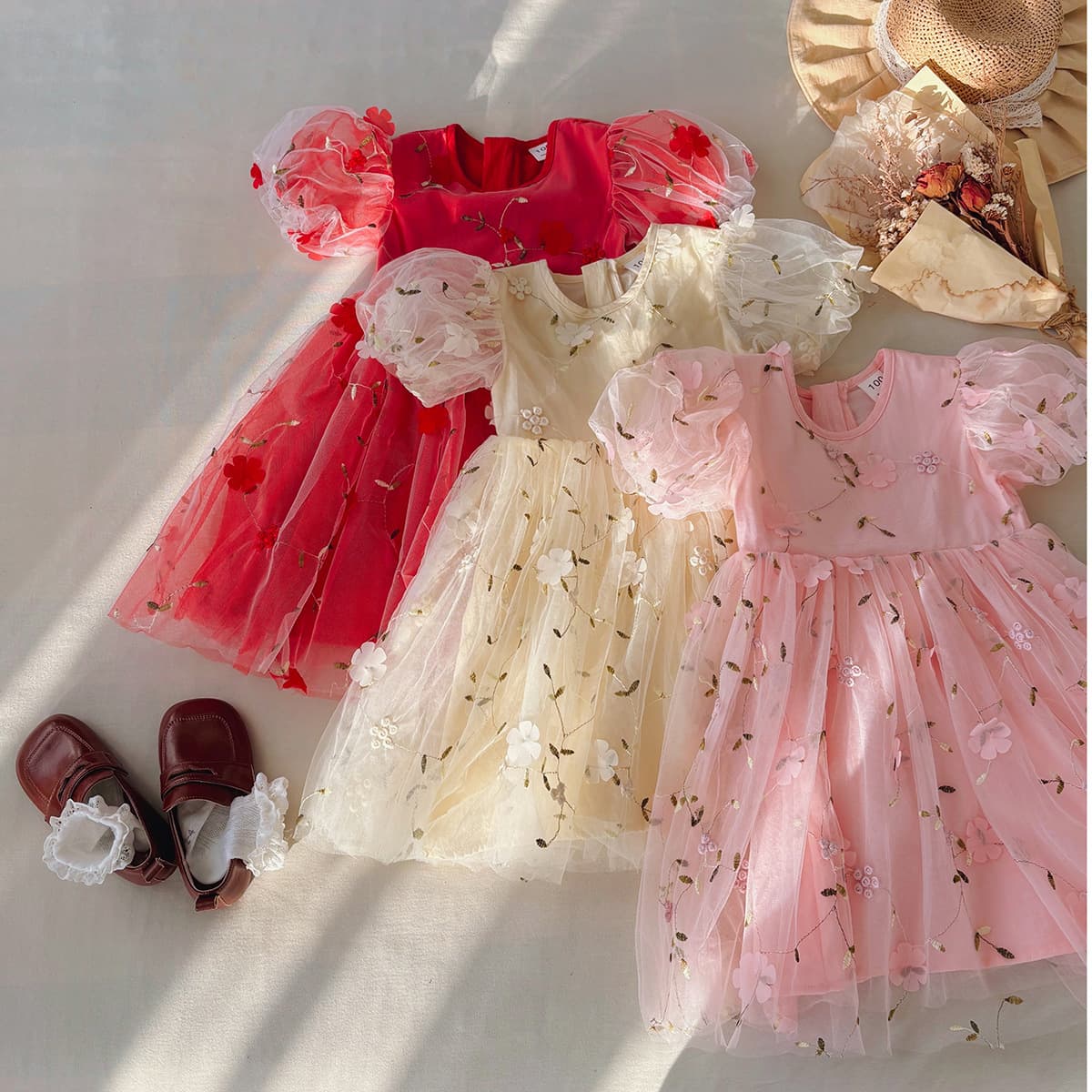 Flower Bubble Short Sleeve Girls Dress Mesh Princess Dress Girl's Tulle Princess Dress