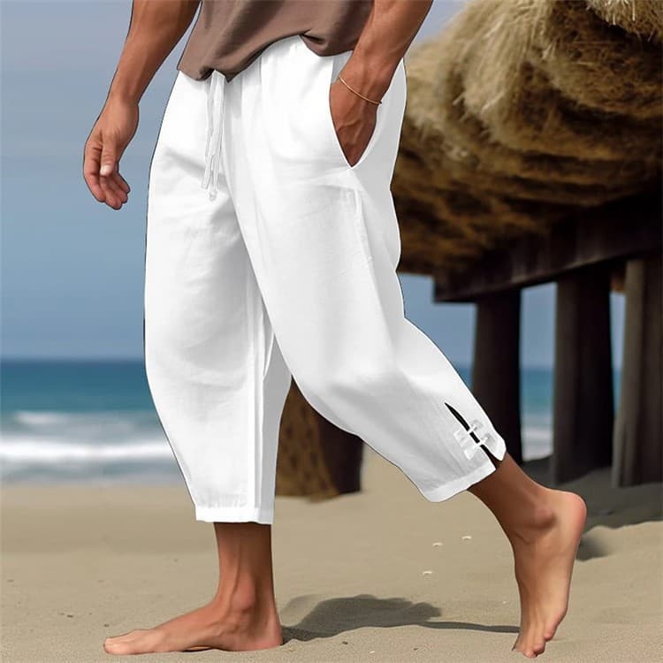 Men's Linen Summer Beach Pants Drawstring Elastic Waist Zipper Pockets Solid Comfortable Casual