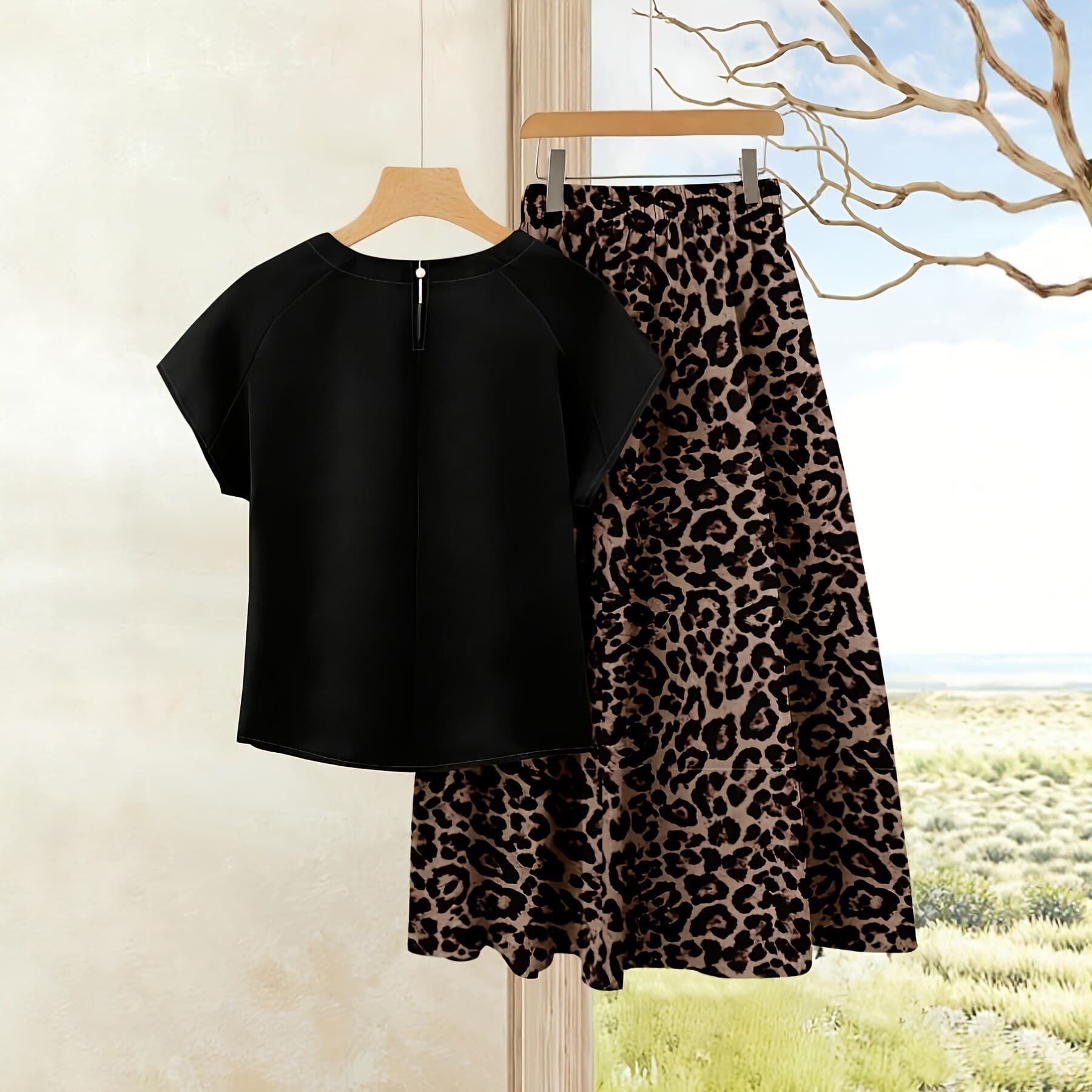 2026 New Leopard Print Women's Office Skirt Set Short Sleeve Slim Fit Elegant Commuter Two-Piece Set