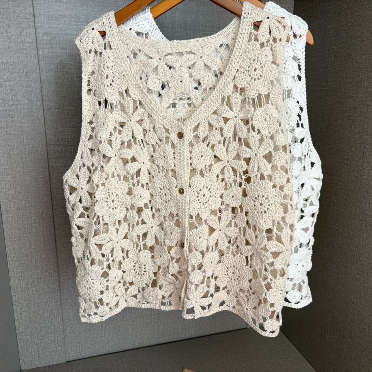 85-150 lbs 100% Cotton Knit Vest Cardigan Summer Plus Size Loose Crochet Openwork Top