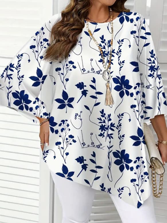New Cross-Border Foreign Trade Style Round-Neck Blue and White Floral Three-Quarter Sleeve Top, Loose and Elegant Short-Sleeve T-Shirt