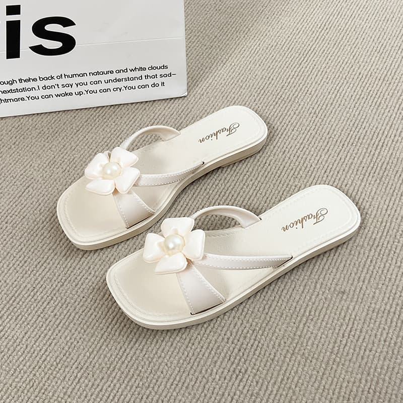 Pearl Slide Sandals Women Summer Casual Beach Flat Non-Slip Outdoor Student Fashion Flower Sandals